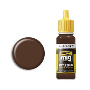 A.MIG brown acrylic paint bottle and swatch showcasing high-quality, glossy texture for artists.