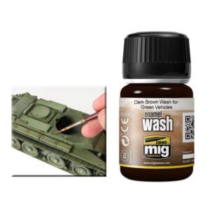 Enhancing a miniature tank models details with enamel wash for realistic military finishes.