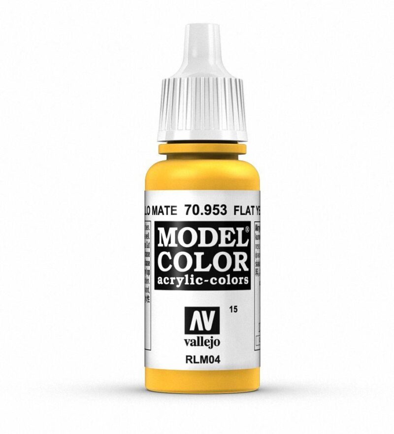 Bright yellow Vallejo Model Color acrylic paint 70.953 with flat finish for artists and hobbyists.