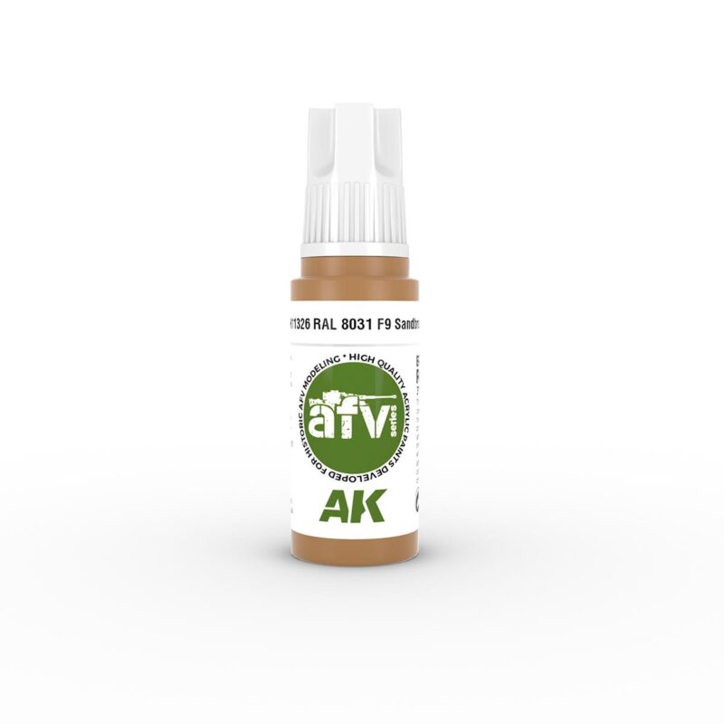 Glossy model paint spray bottle in light brown with removable nozzle and RAL 8031 color code.