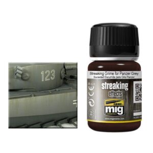 Model tank in Panzer Grey with weathering effects alongside MIG Streaking Grime product.