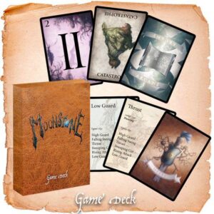 Moonscale card game setup featuring unique cards and strategic gameplay in a fantasy adventure.