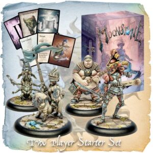 Explore Moonsfalls Two Player Starter Set with vibrant miniatures and strategic action cards.