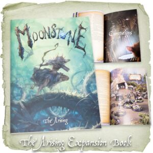 Discover The Arising Moonstone expansion book, featuring vibrant art and new fantasy adventures.