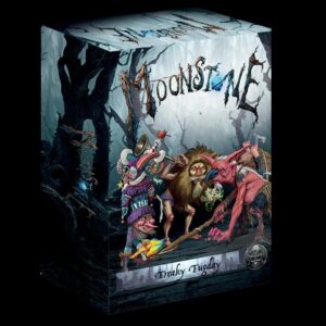 Enchanting Moonstone game box art features whimsical characters and a mysterious dark forest backdrop.