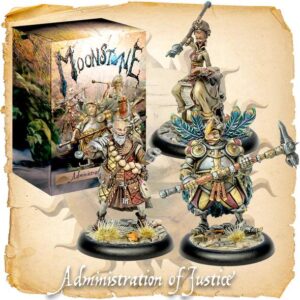 Intricate miniatures from Moonstone tabletop game, featuring a warrior, spellcaster, and protector.