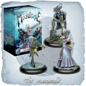 Intricately designed character miniatures from Moonstone: The Masquerade, showcasing dark fantasy elegance.