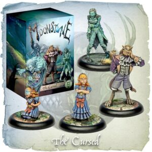 Vibrant miniatures from Moonstone: The Cursed showcase unique characters in an adventure-themed setting.