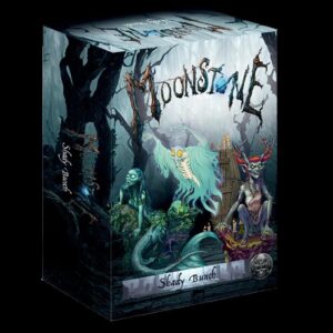 Moonstone: Shady Bunch expansion box art featuring whimsical characters and a mysterious forest backdrop.