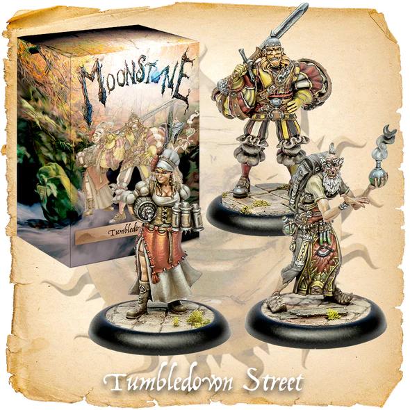 Vibrant miniatures from Moonstones Tumbledown Street showcase fantasy characters and intriguing artwork.