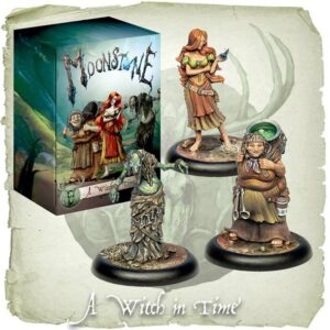 Intricately designed miniatures from Moonstone: A Witch in Time alongside a captivating game box.