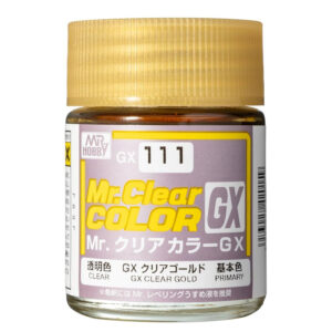 Mr. Clear Color GX 111 paint jar with glossy gold finish for model enhancement.