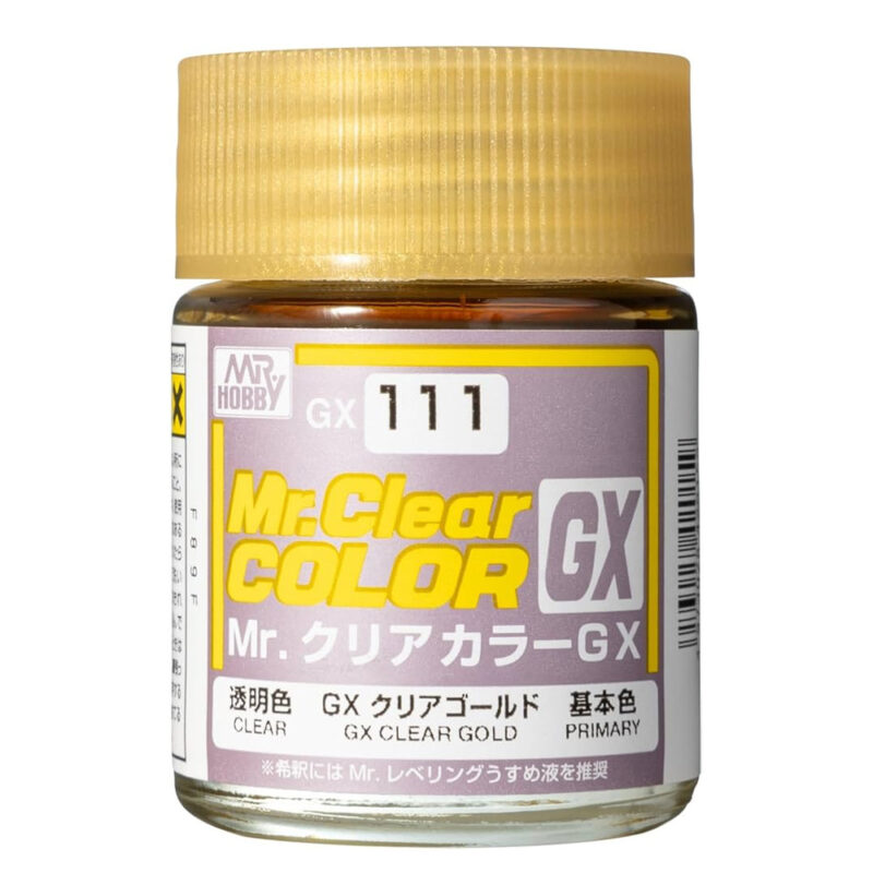 Mr. Clear Color GX 111 paint jar with glossy gold finish for model enhancement.