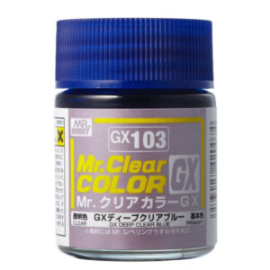 Glass jar of Mr. Clear Color GX Deep Blue paint for model building enthusiasts.
