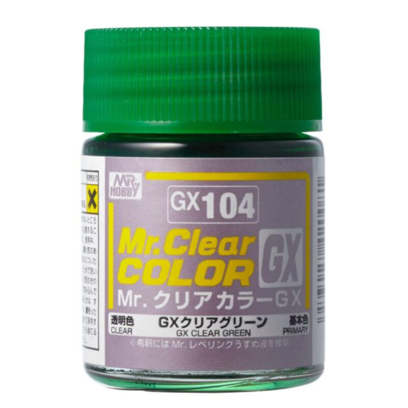 Mr. Clear Color GX104 clear green paint jar with vibrant lid, ideal for artists and hobbyists.