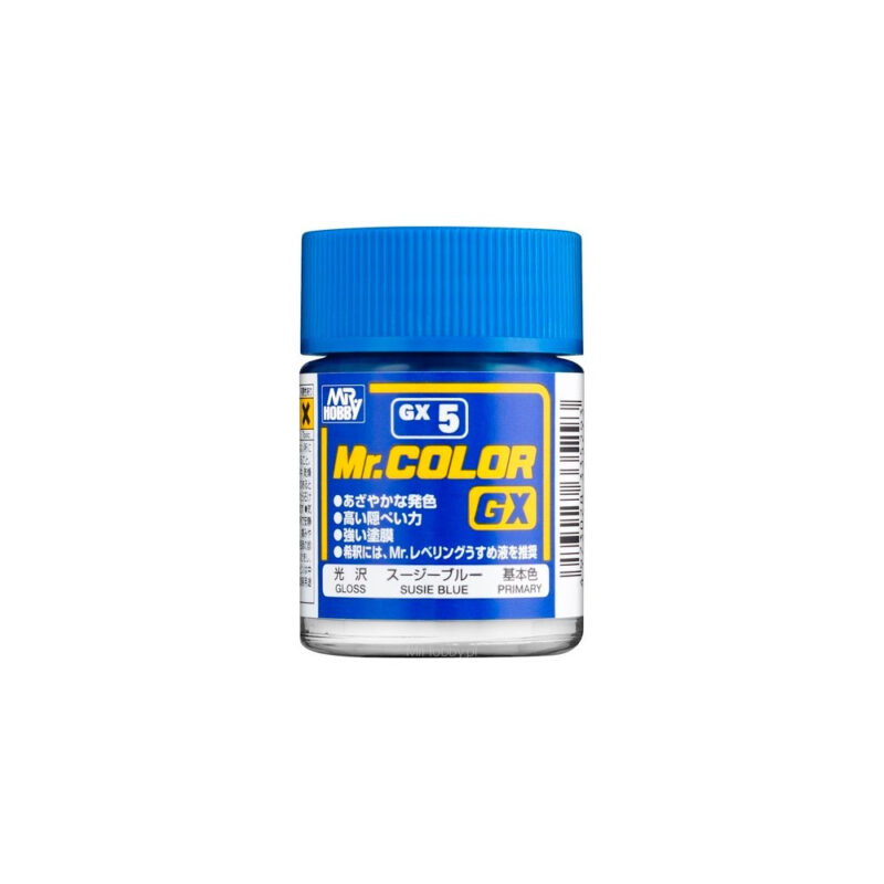 Mr. Color GX-5 Light Blue paint in clear jar, ideal for models and miniatures.