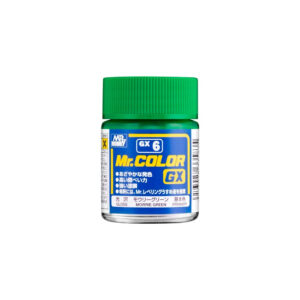Vibrant Mr.COLOR GX-6 paint jar with bright green lid and modern, bilingual label.
