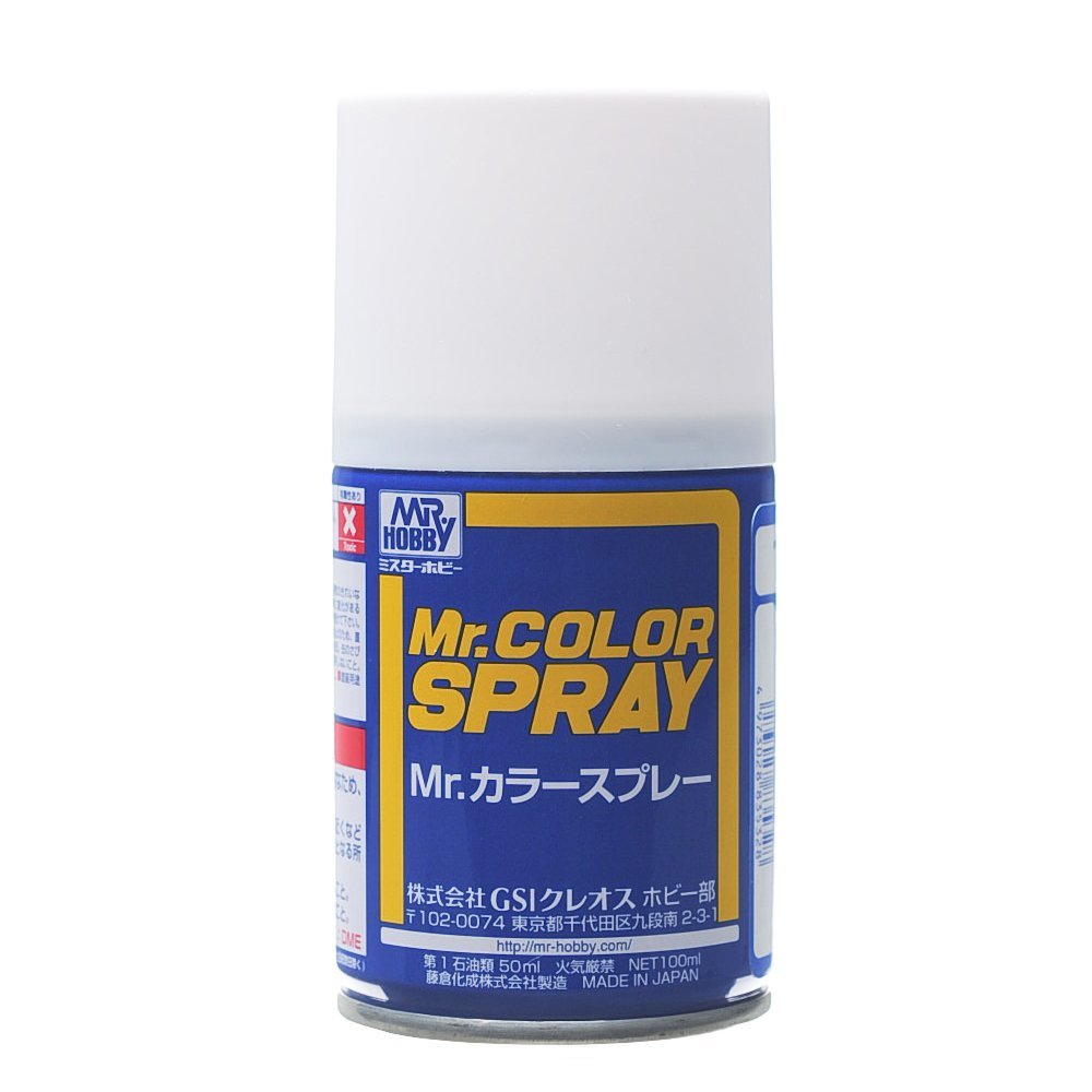 Vibrant Mr. Color Spray can for model painting, featuring bold blue and yellow design.