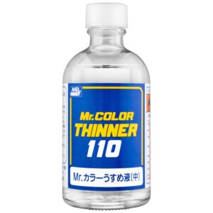 Clear bottle of Mr. Color Thinner 110, ideal for model painting and cleaning tools.