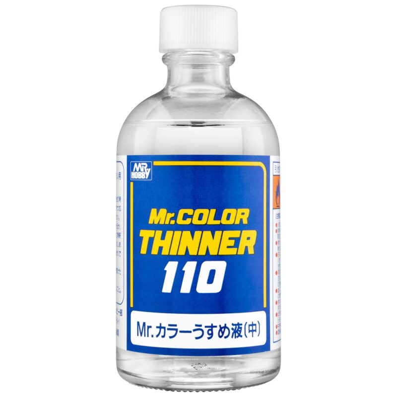 Clear bottle of Mr. Color Thinner 110, ideal for model painting and cleaning tools.
