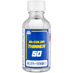 Clear glass bottle of Mr. Color Thinner 50, ideal for painting and modeling enthusiasts.