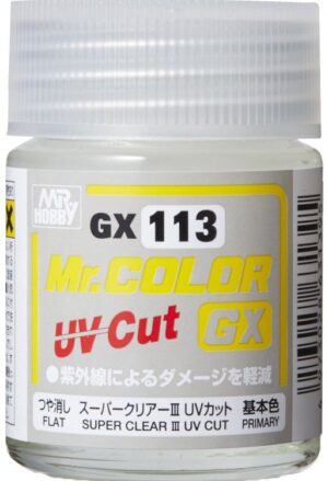 Clear jar of Mr. Hobby MX 113 UV-Cut paint, ideal for models and outdoor projects.