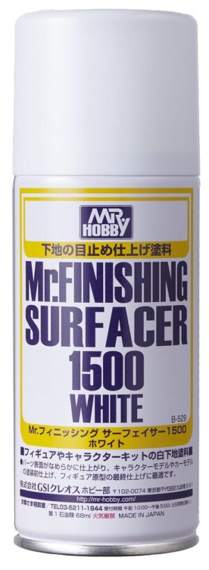 White Mr. Finishing Surfacer 1500 spray can for smooth model finishes and high-quality results.