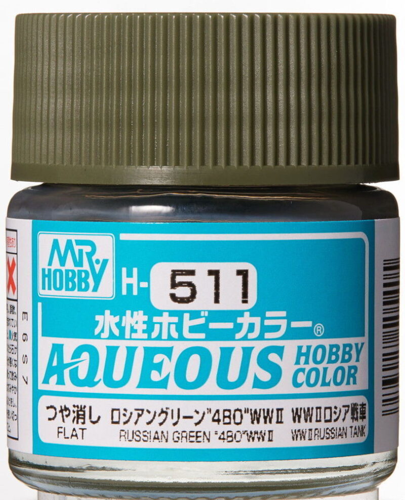 Mr. Hobby H-511 Russian Green model paint, water-based, ideal for military models and hobby projects.
