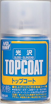 Mr. Hobby Gloss Topcoat: sleek spray can for glossy finishes in modeling and detailing.
