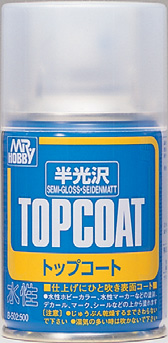 Mr. Hobby Semigloss Topcoat spray can for model finishing, featuring a vibrant blue label.