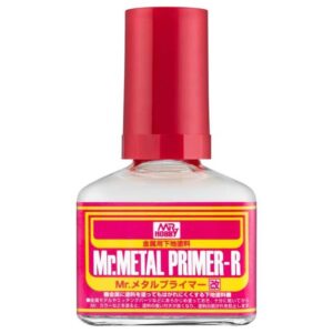 Mr. Metal Primer-R bottle ensures optimal paint adhesion for metal surfaces in modeling projects.
