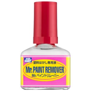 Mr. Paint Remover: Clear bottle with vibrant red cap and bold yellow and blue label.