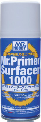 Mr. Primer Surfacer 1000 aerosol can for model painting, featuring vibrant blue and yellow design.