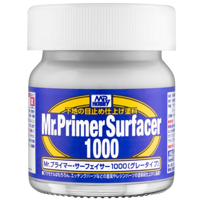 Mr. Primer Surfacer 1000 jar for model painting, featuring vibrant blue and yellow design.