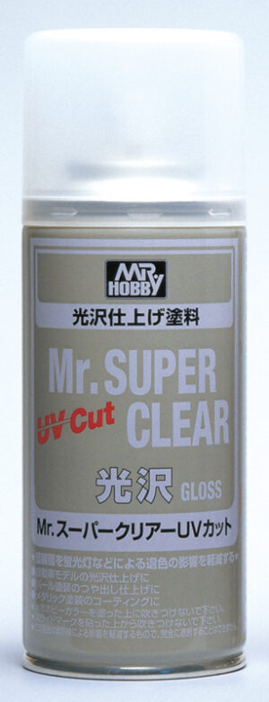 Mr. SUPER CLEAR gloss spray with UV protection, perfect for enhancing model clarity and longevity.