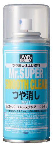 Mr. Super Smooth Clear spray can for glossy finishes in model painting and crafts.