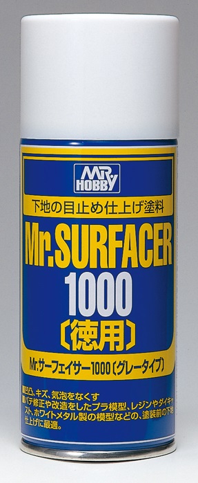 Mr. Hobby Mr. SURFACER 1000 spray can for perfect model surface priming.