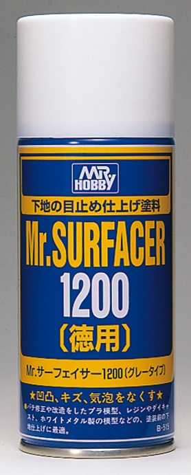 Mr. Surfacers 1200 spray can for model painting, featuring an easy-to-read blue and yellow label.
