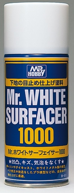 Mr. White Surfacer 1000 aerosol primer for model painting, ensuring smooth finishes and easy application.
