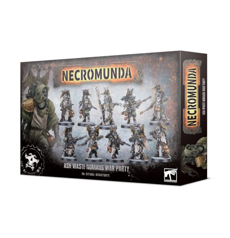 Ash Wastes Nomads Miniatures for Necromunda: detailed warrior figures in vibrant, post-apocalyptic packaging.