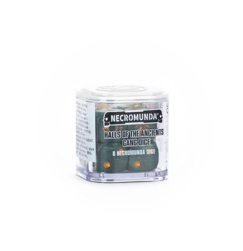 Necromunda Halls of the Ancients themed dice set in clear packaging with gold pips.