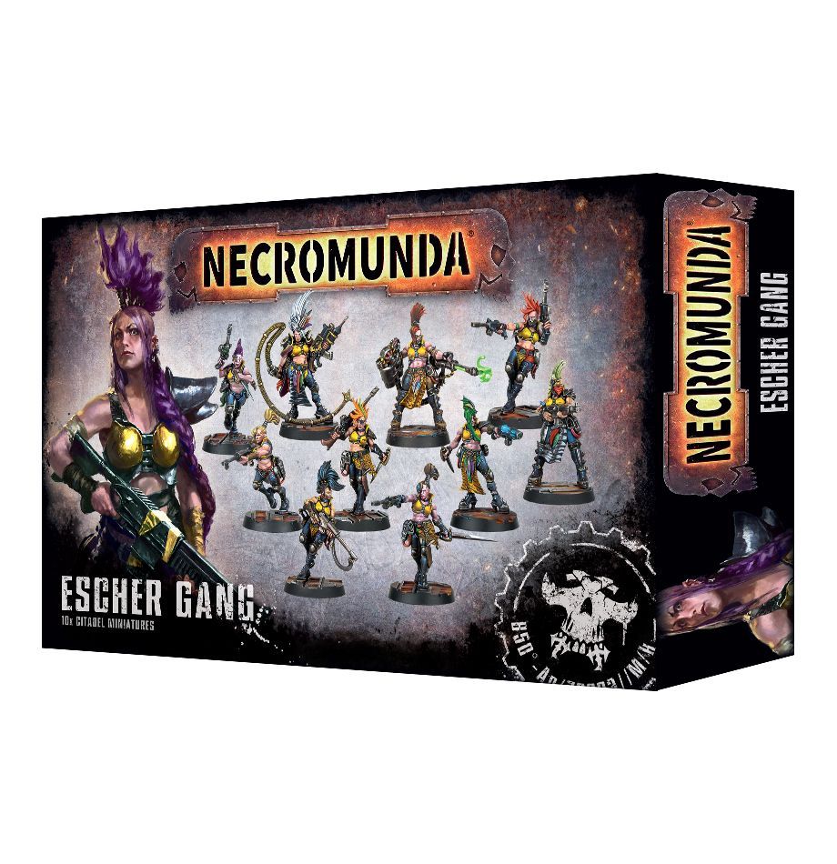 Vibrant Escher Gang miniatures from Necromunda featuring dynamic poses and unique weaponry.