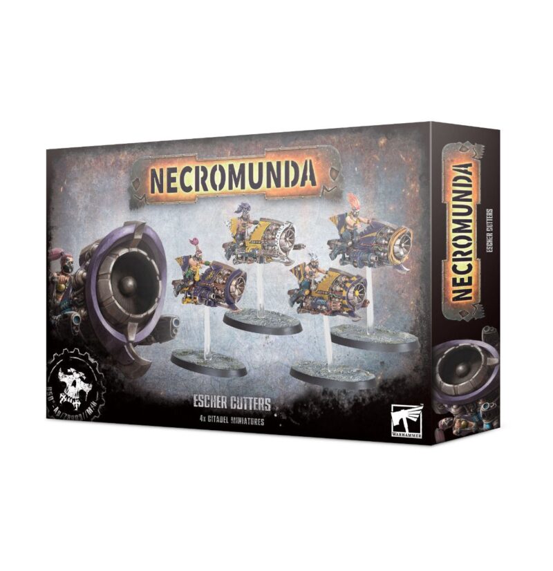 Necromunda Escher Glitters expansion box set featuring vibrant vehicles in a gritty design.