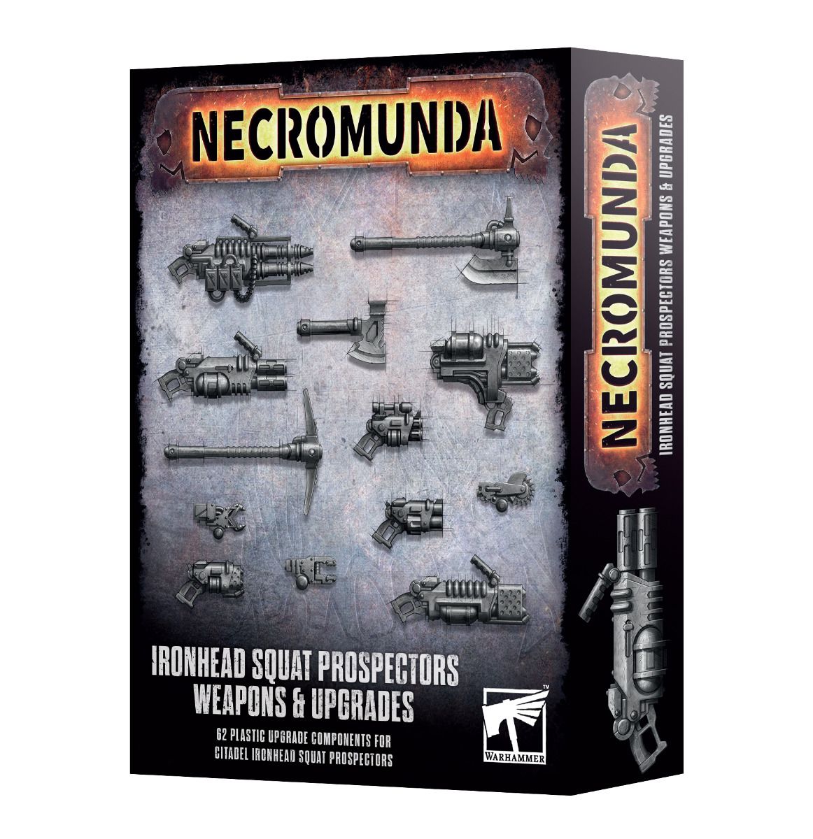 Customizable Necromunda Ironhead Squat Prospectors Upgrade Set with detailed miniatures and weapons.