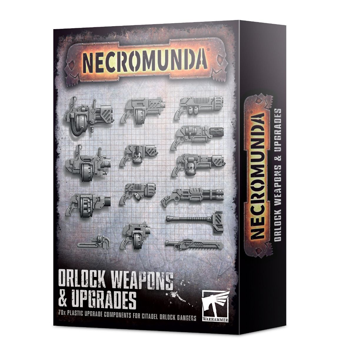 Orlock Weapons and Upgrades box for Necromunda with detailed industrial design and weapon illustrations.