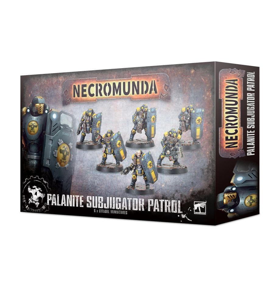 Palanite Subjugator Patrol miniatures set showcasing armored figures for Necromundas dystopian gameplay.