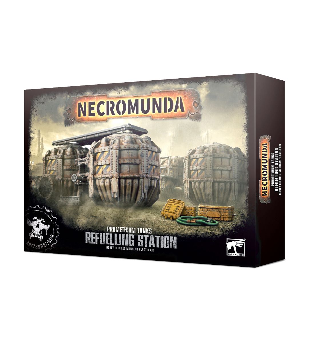 Gritty Necromunda refueling station accessory enhances gameplay with detailed industrial terrain pieces.