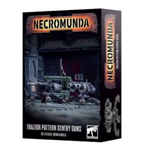 Traizor Pattern Sentry Guns box set for Necromunda tabletop game, featuring bold graphics and detailed miniatures.