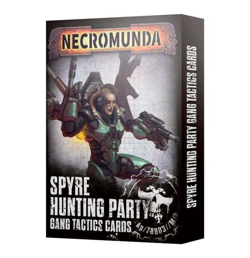 Dark Necromunda Spyre Hunting Party Tactics Cards featuring a dynamic high-tech combat character.