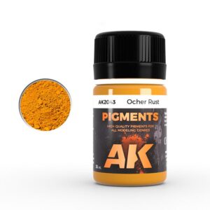 Vibrant ochre rust pigment for artists, featuring an easy-open bottle and quality powder tin.